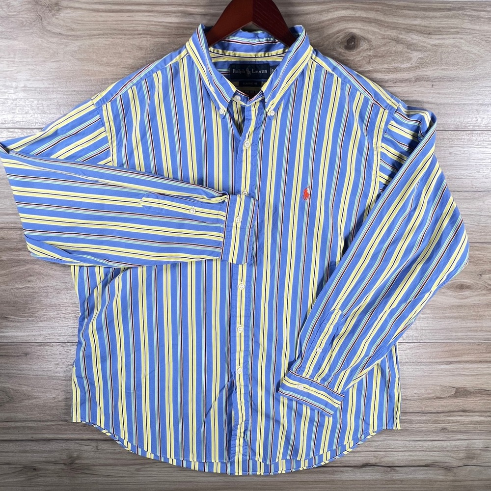 Polo Ralph Lauren Shirt Mens XXL Blue Yellow Striped Classic Fit Button Down